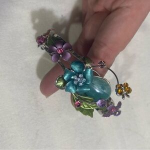Floral Enamel Cuff Bracelet Rhinestone Flower Garden Hinged Bangle Multicolor